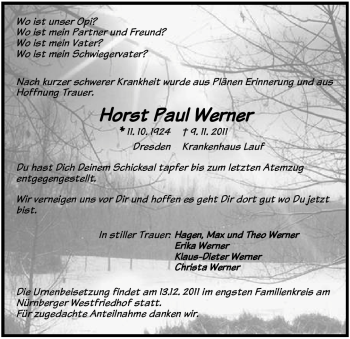 Traueranzeige von Werner Horst Paul von Pegnitz-Zeitung